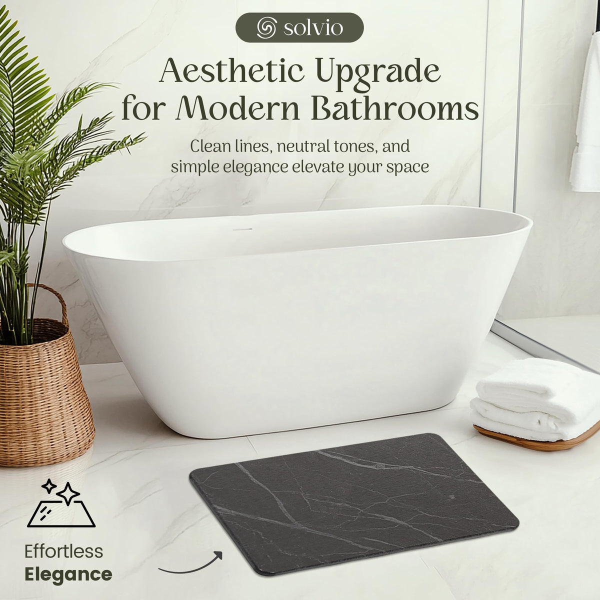 Solvio diatomite mat on vanity area complements modern bathroom decor.