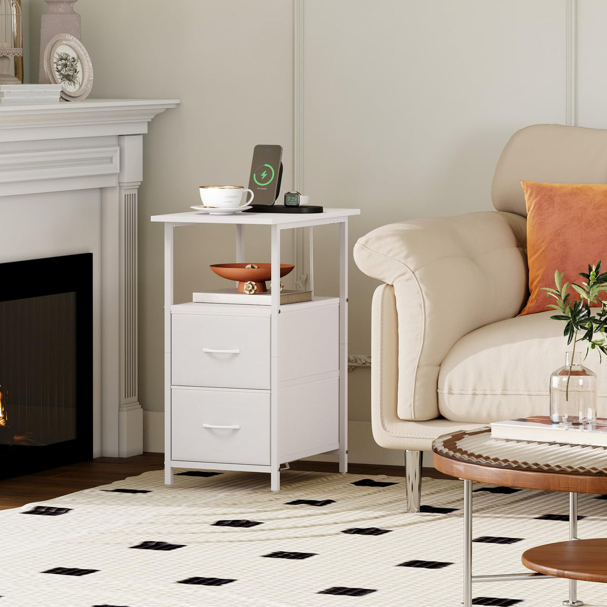 Somdot end table drawers-front showing two fabric drawers for organized storage.