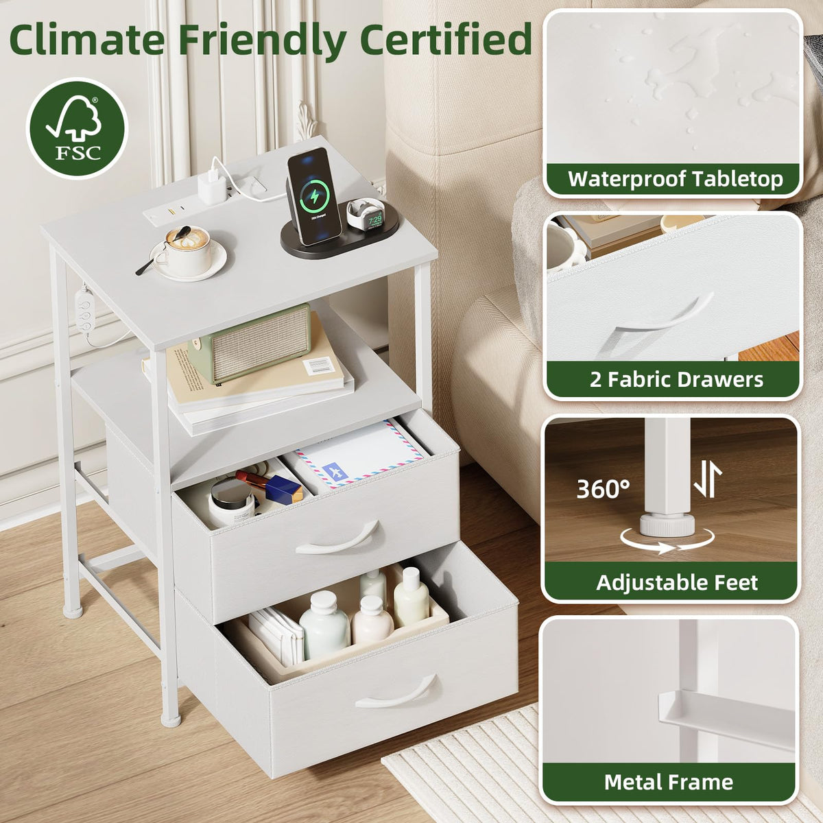 Somdot nightstand uses a durable steel frame for lasting support