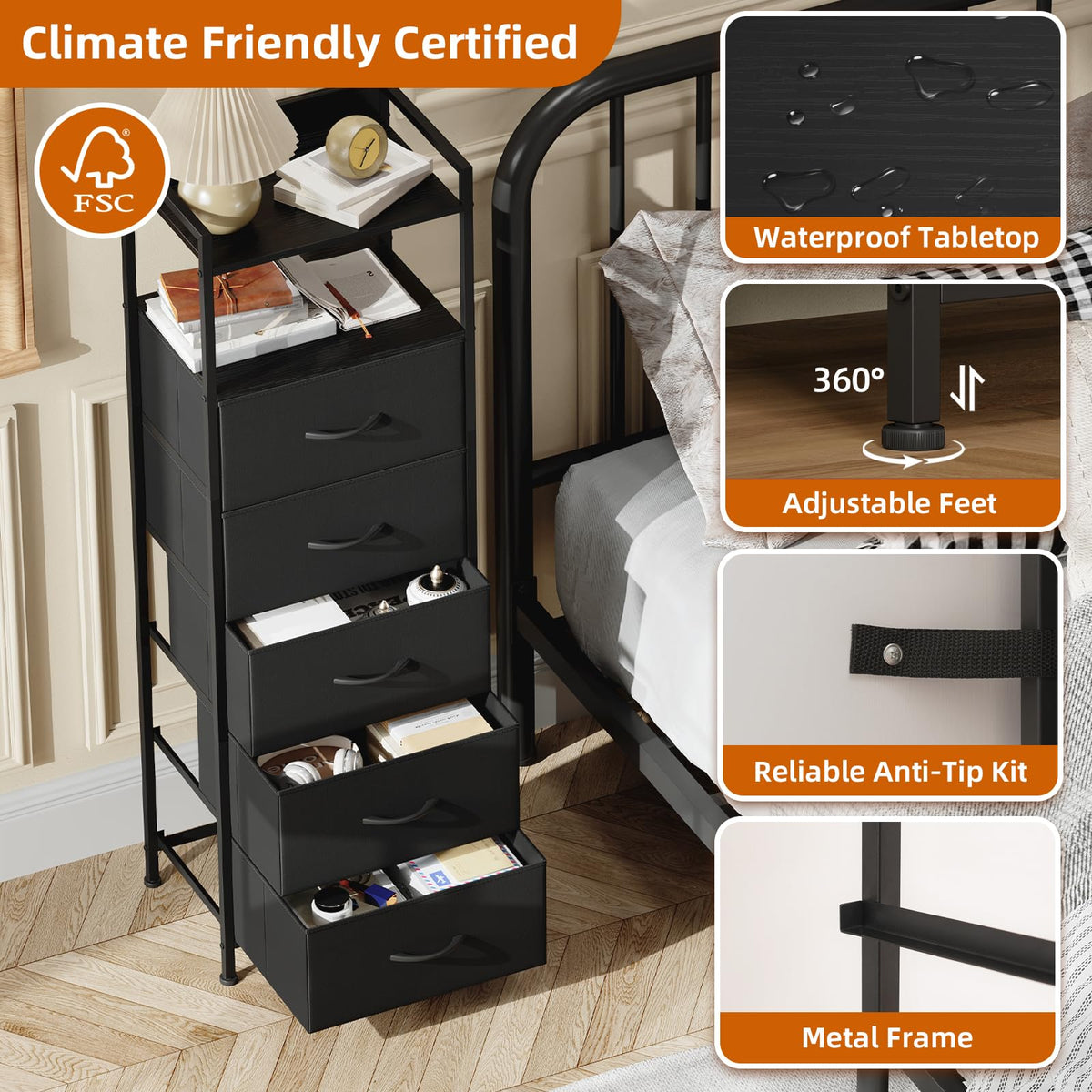 Somdot tall dresser in a bedroom setup as a nightstand alternative.
