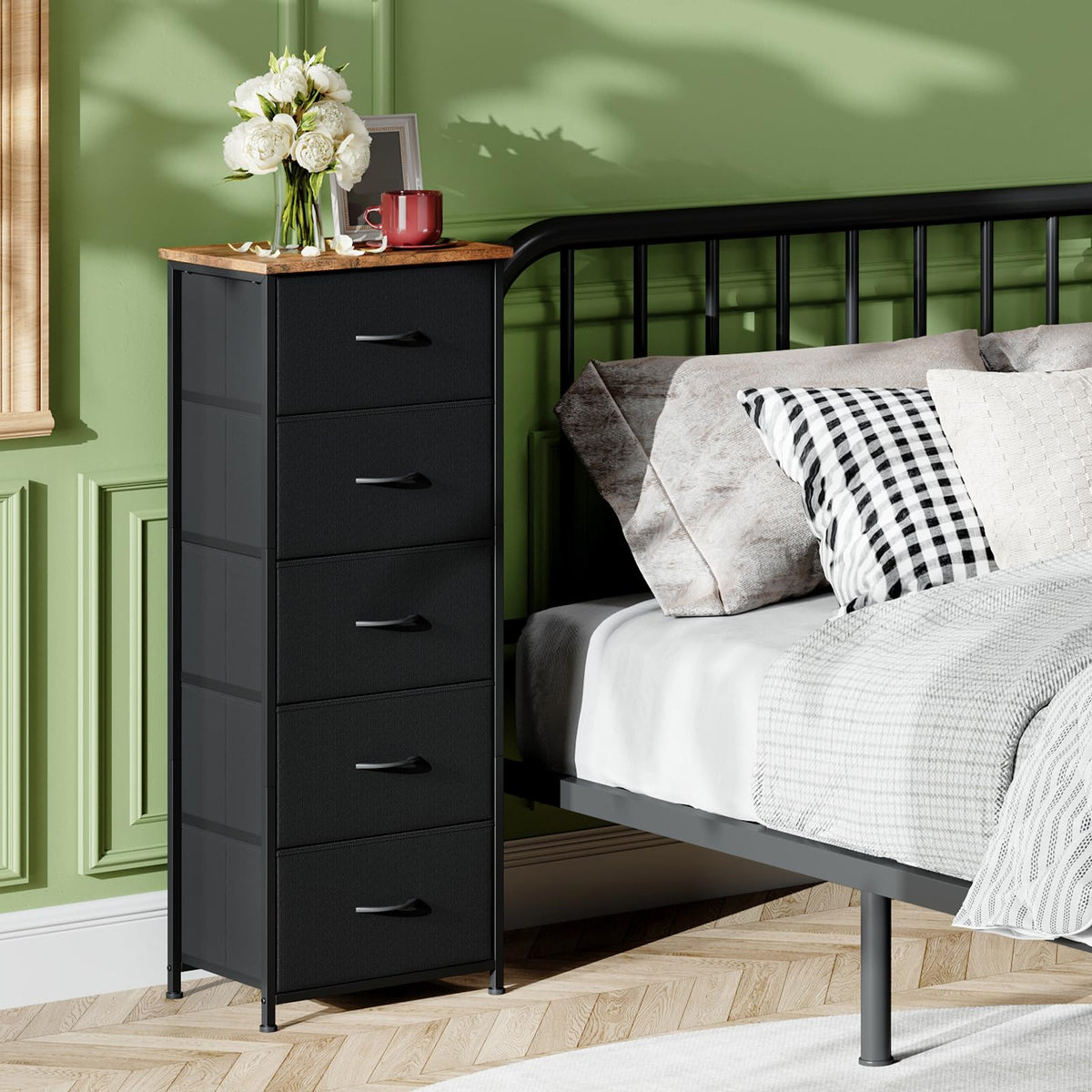 Somdot tall dresser with a drawer open showing easy access to clothes