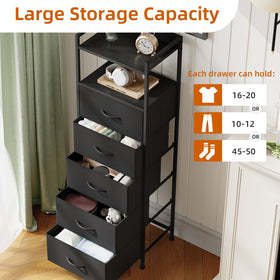 Somdot tall dresser with five drawers organizes clothing and accessories.