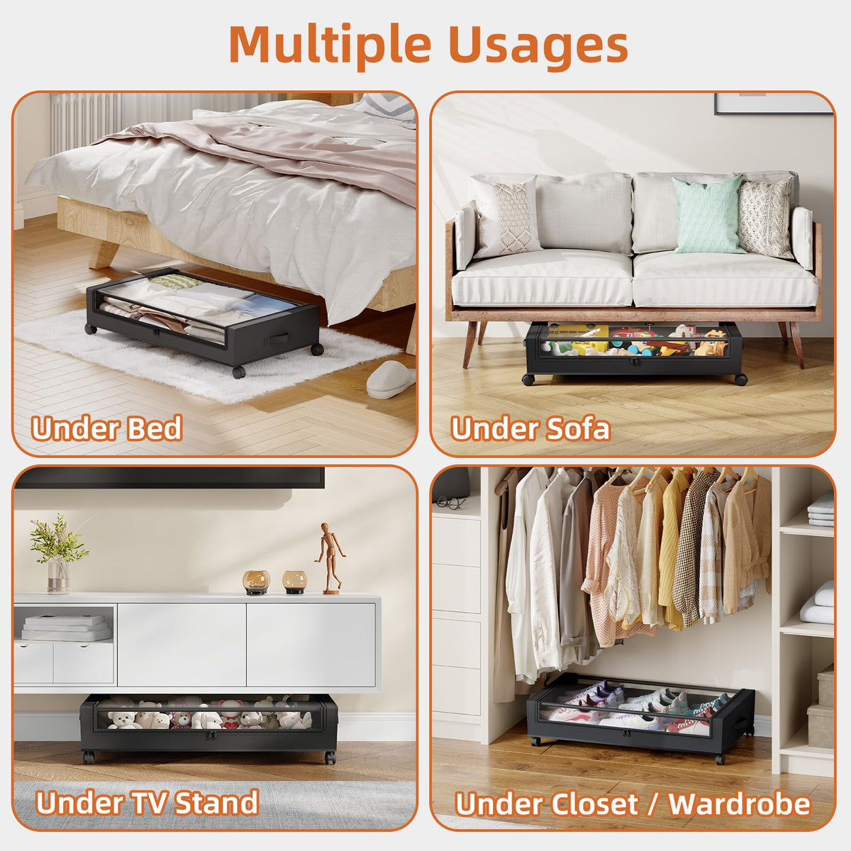 Somdot under-bed storage rolling-wheels-on-floor glides across carpet and tile.