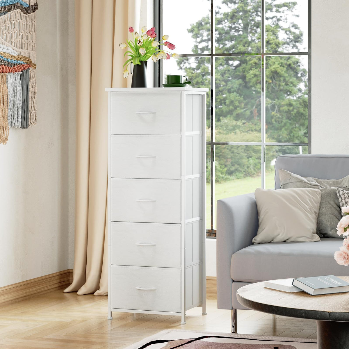 Somdot white leather finish dresser enhances bedroom decor with clean lines.
