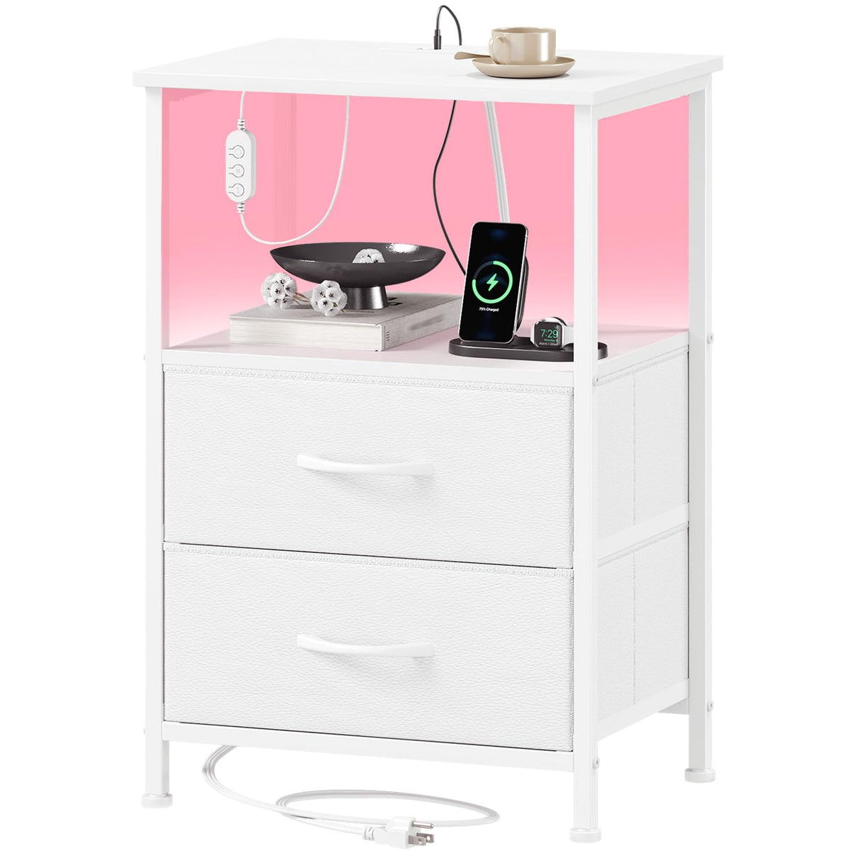 Somdot white nightstand with charging station and LED light for bedside power