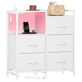 Somdot white nightstand with charging station and LED illumination for easy bedside charging.