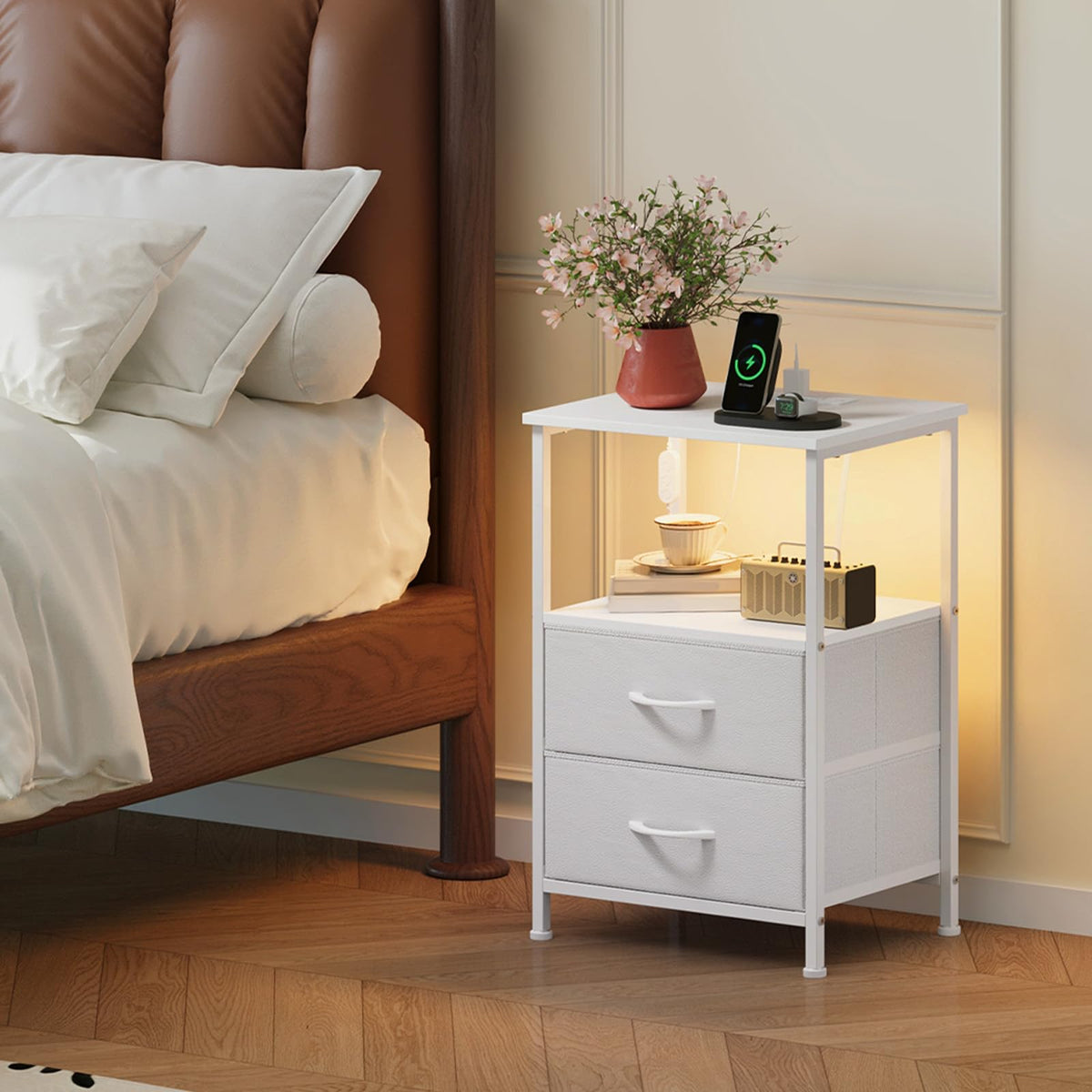 Somdot nightstand with fabric drawers enhances bedside storage and organization