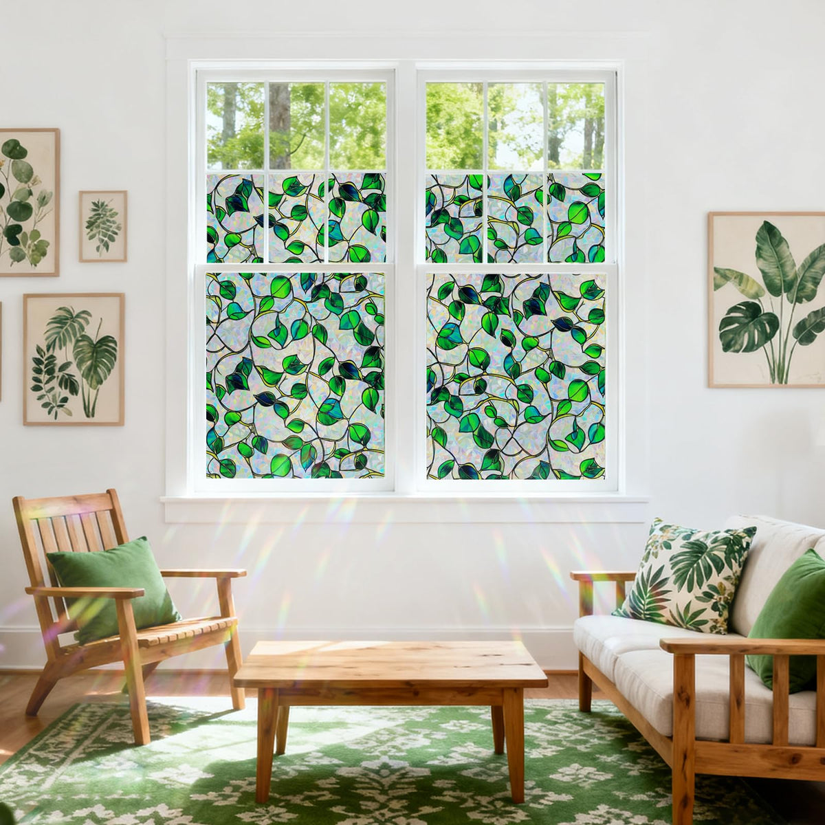 Somwise rainbow film on a window creates soft light and private view from inside.