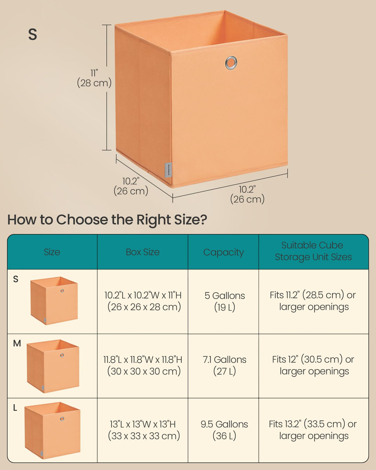 Compact 10.2 by 10.2 by 11 inch boxes fit cube units and larger shelves
