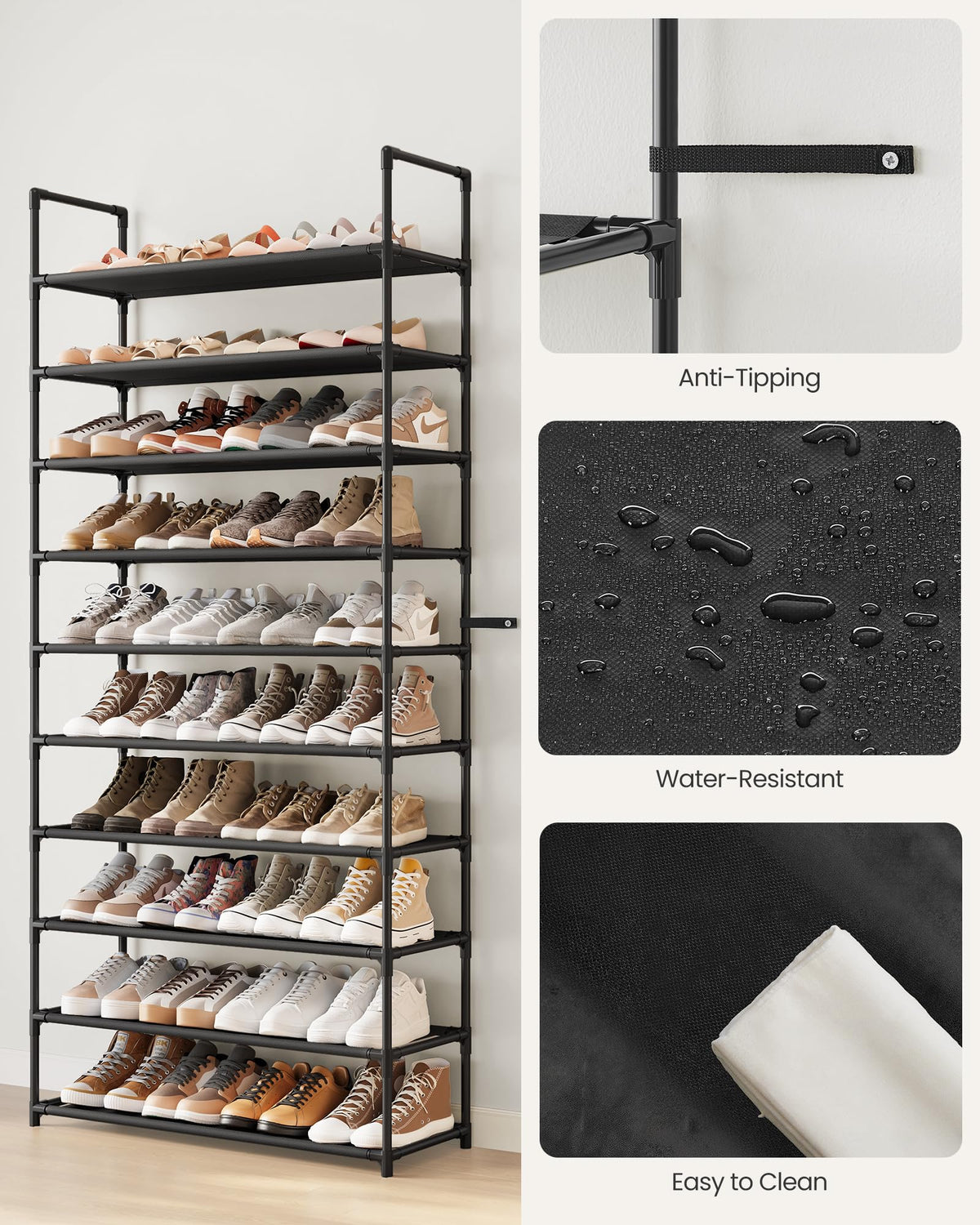 SONGMICS 10-Tier Shoe Rack entryway placement; organized hallway spaces.