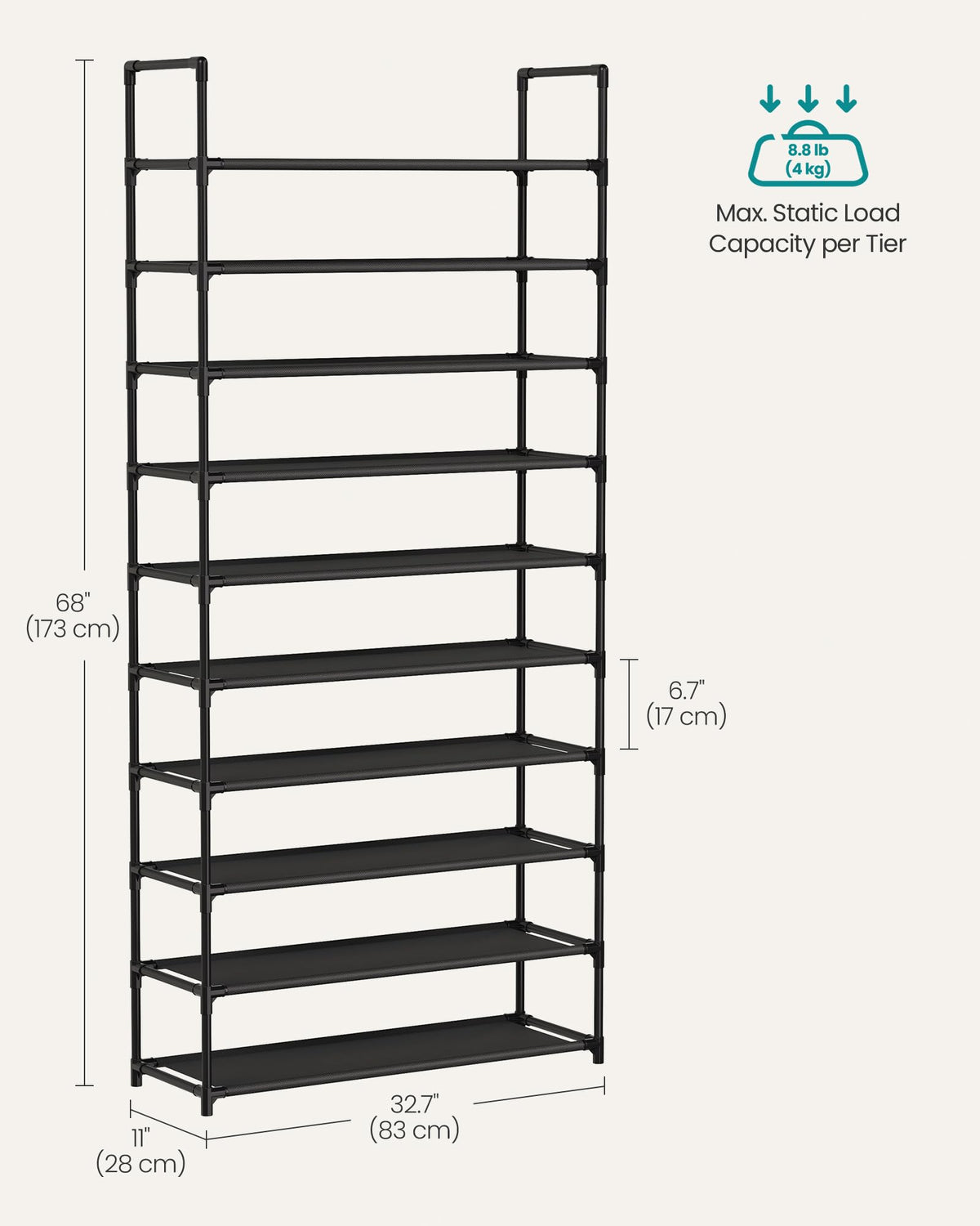SONGMICS 10-Tier Shoe Rack full shoe stack; high-capacity storage.