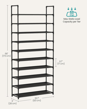SONGMICS 10-Tier Shoe Rack full shoe stack; high-capacity storage.
