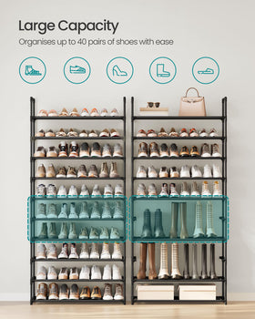 SONGMICS 10-Tier Shoe Rack non-woven shelves close-up; easy to clean storage.