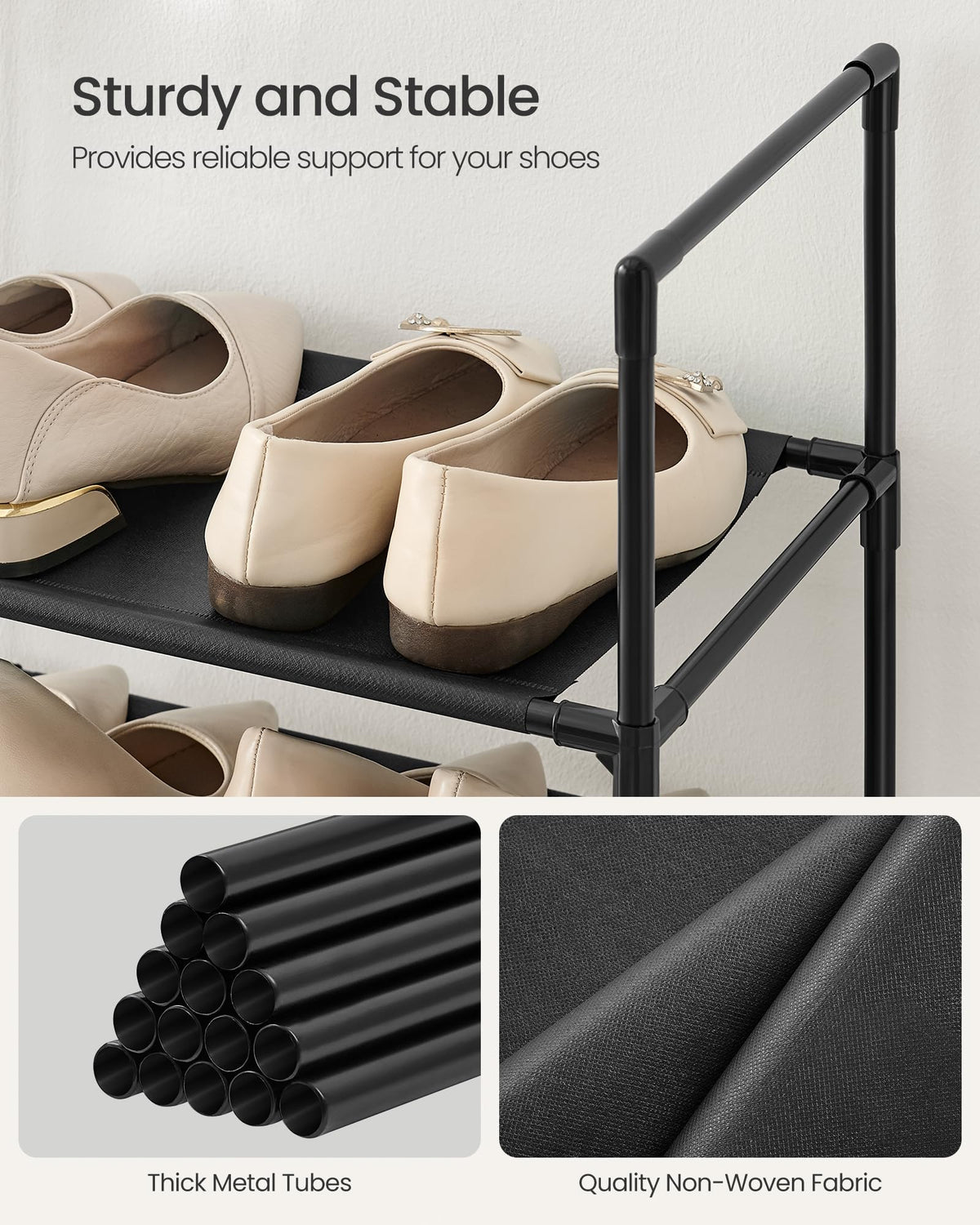 SONGMICS 10-Tier Shoe Rack split-setup; adaptable two-unit layout.