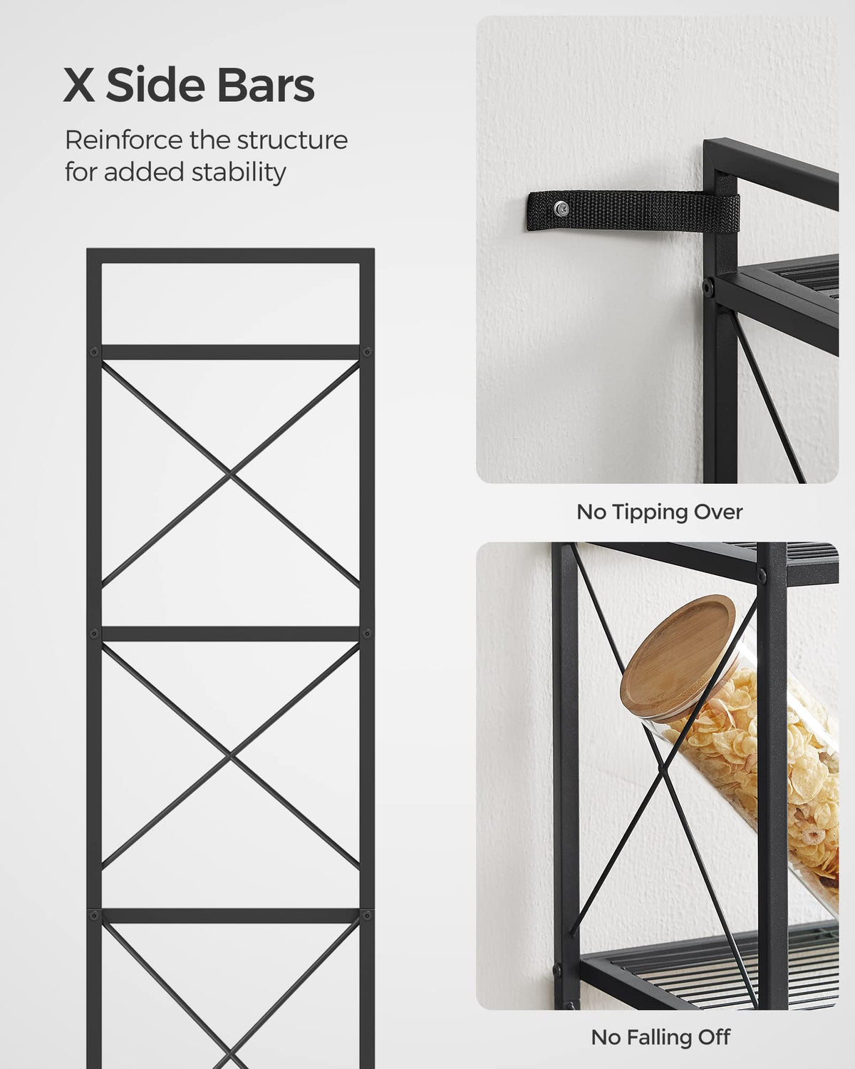 Songmics 0.6-inch wire spacing keeps small items secure and organized.