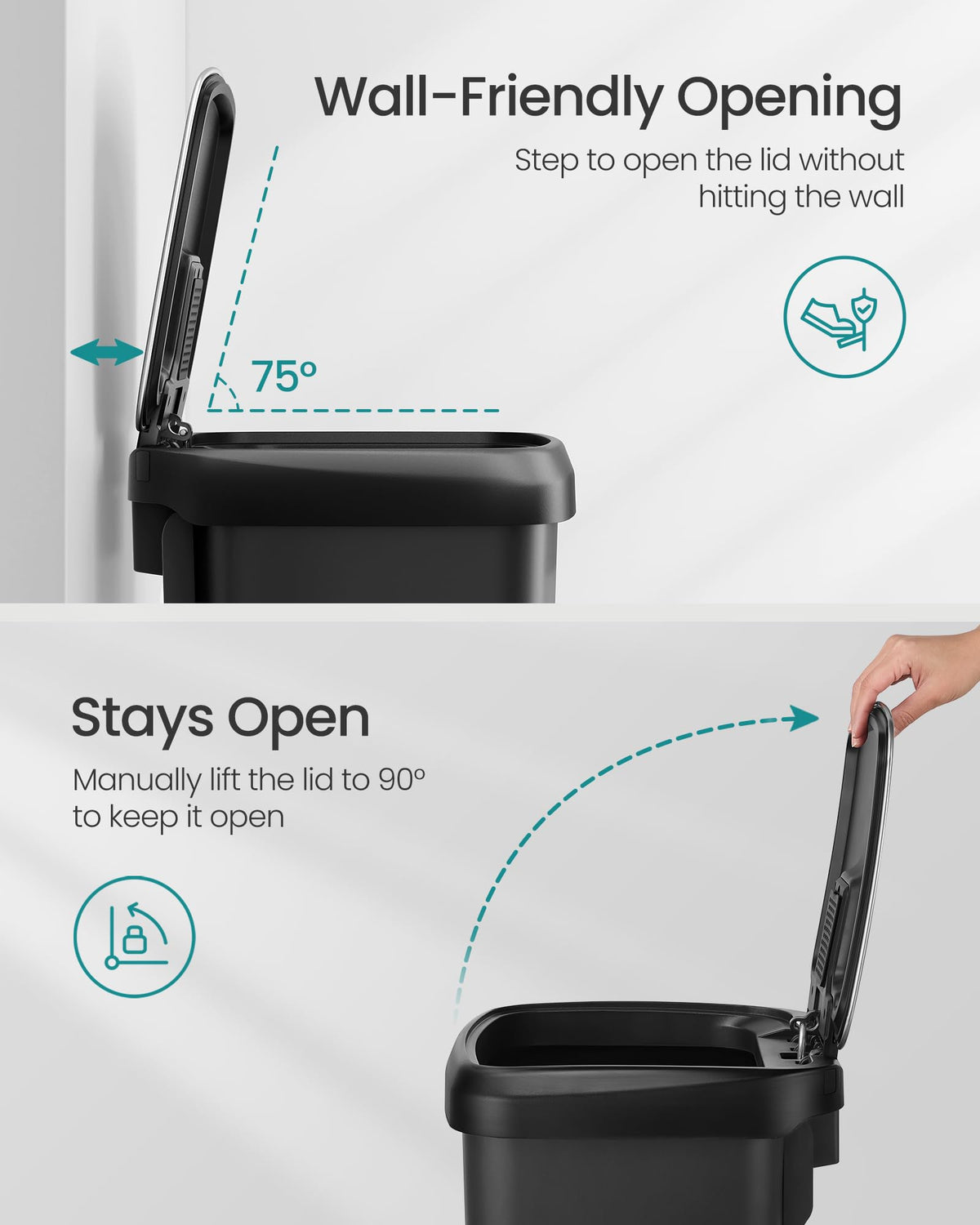 SONGMICS 12-gallon trash can carbon-filter, helps minimize odors between uses.
