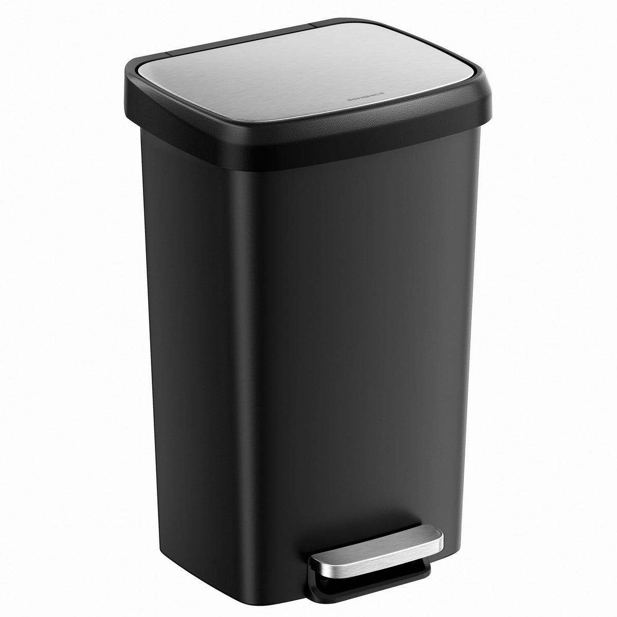SONGMICS 12-gallon trash can front view, space-saving design ideal for compact kitchens.