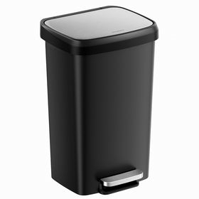 SONGMICS 12-gallon trash can front view, space-saving design ideal for compact kitchens.