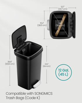 SONGMICS 12-gallon trash can lid-open view, lid stays open for convenient bag changes.