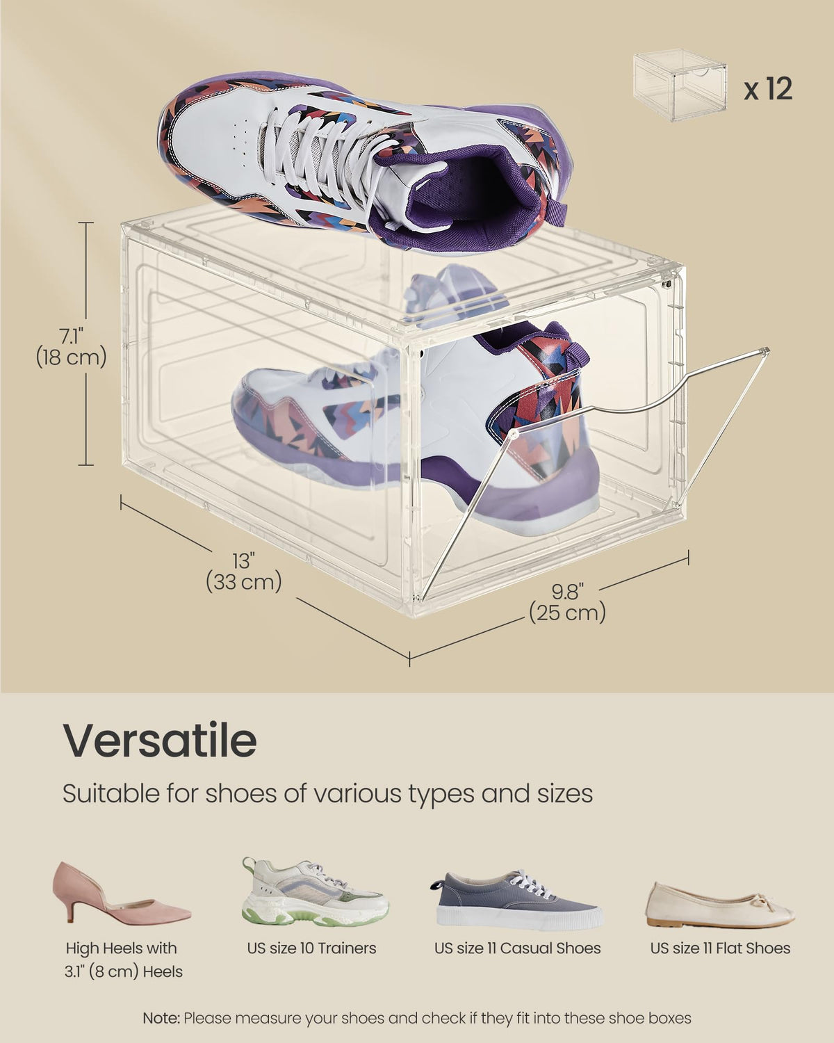 SONGMICS 12-pack shoe boxes setup for organized, versatile closet storage.
