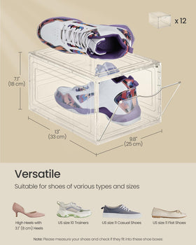 SONGMICS 12-pack shoe boxes setup for organized, versatile closet storage.