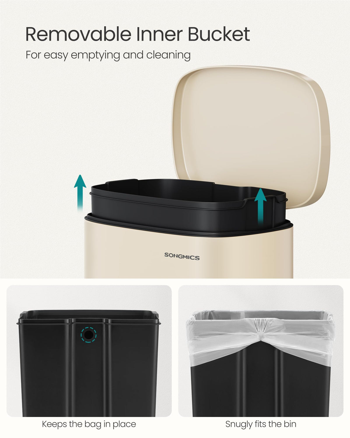 SongMICS inner bucket with bag hole keeps liners secure and hidden.