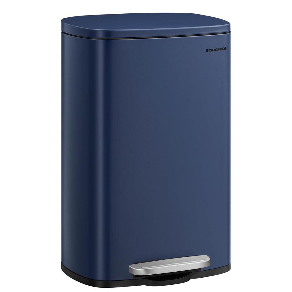 Songmics 13-gallon trash can in midnight blue with stainless steel finish for a chic kitchen