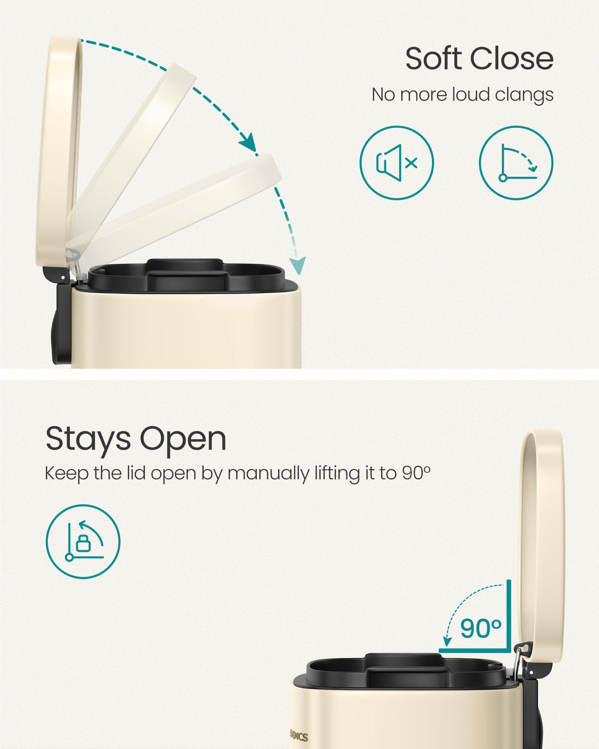 SongMICS 13-gallon trash can pedal opening, hands-free lid for easy trash disposal.