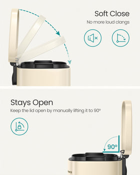 SongMICS 13-gallon trash can pedal opening, hands-free lid for easy trash disposal.