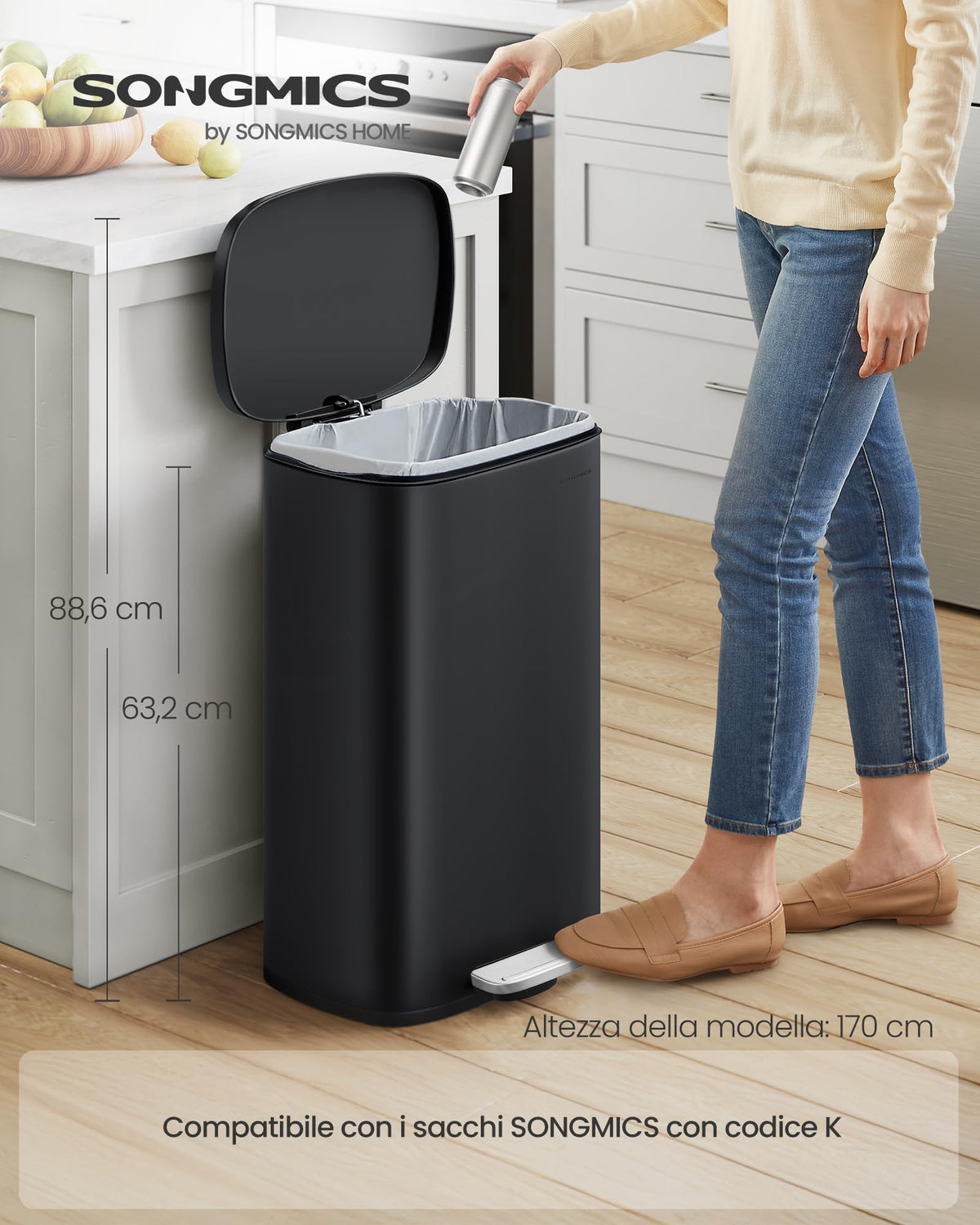 Songmics 13-gallon trash can step-on pedal for hands-free lid opening.