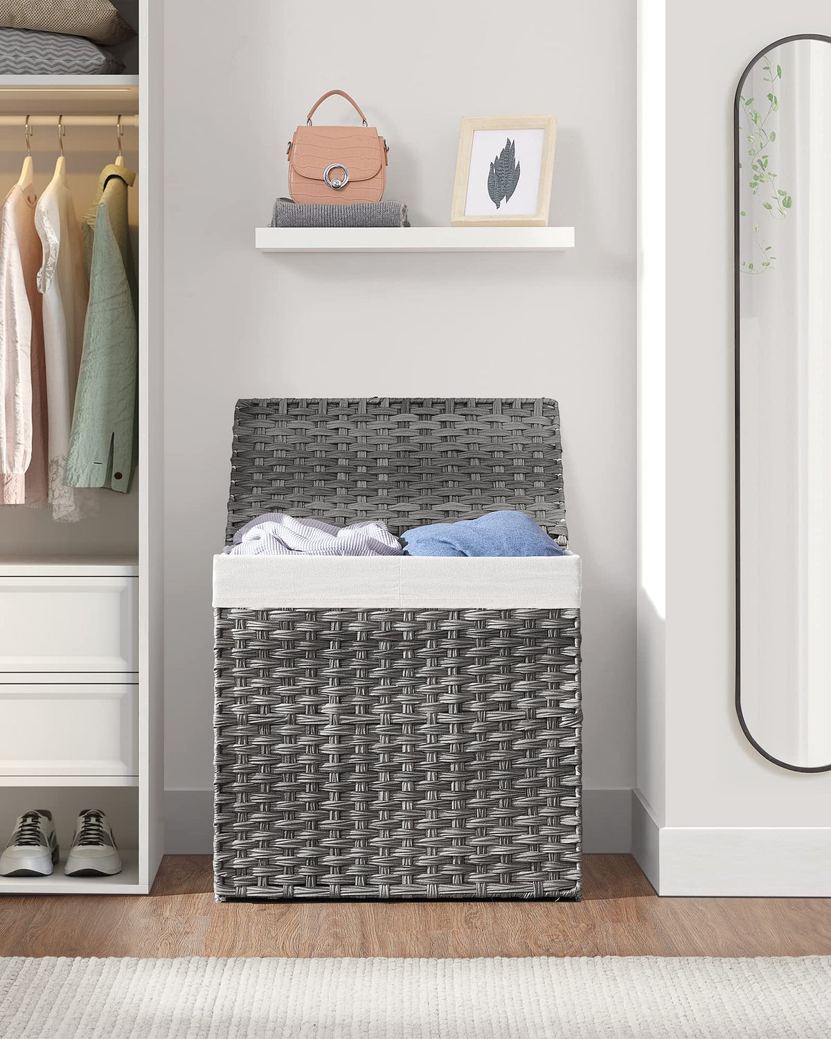 SONGMICS 130L hamper bathroom use gray fits compact spaces and damp environments.