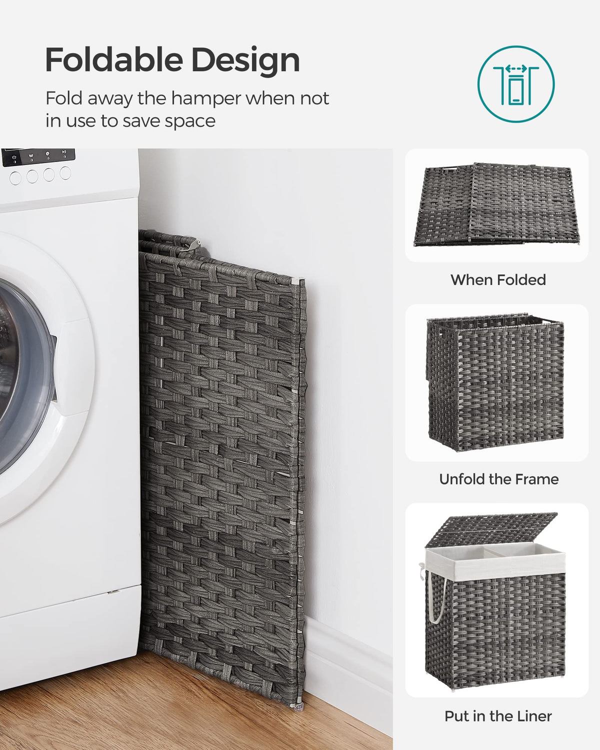 SONGMICS 130L hamper dimensions gray indicates 13x26x23.6 inches.