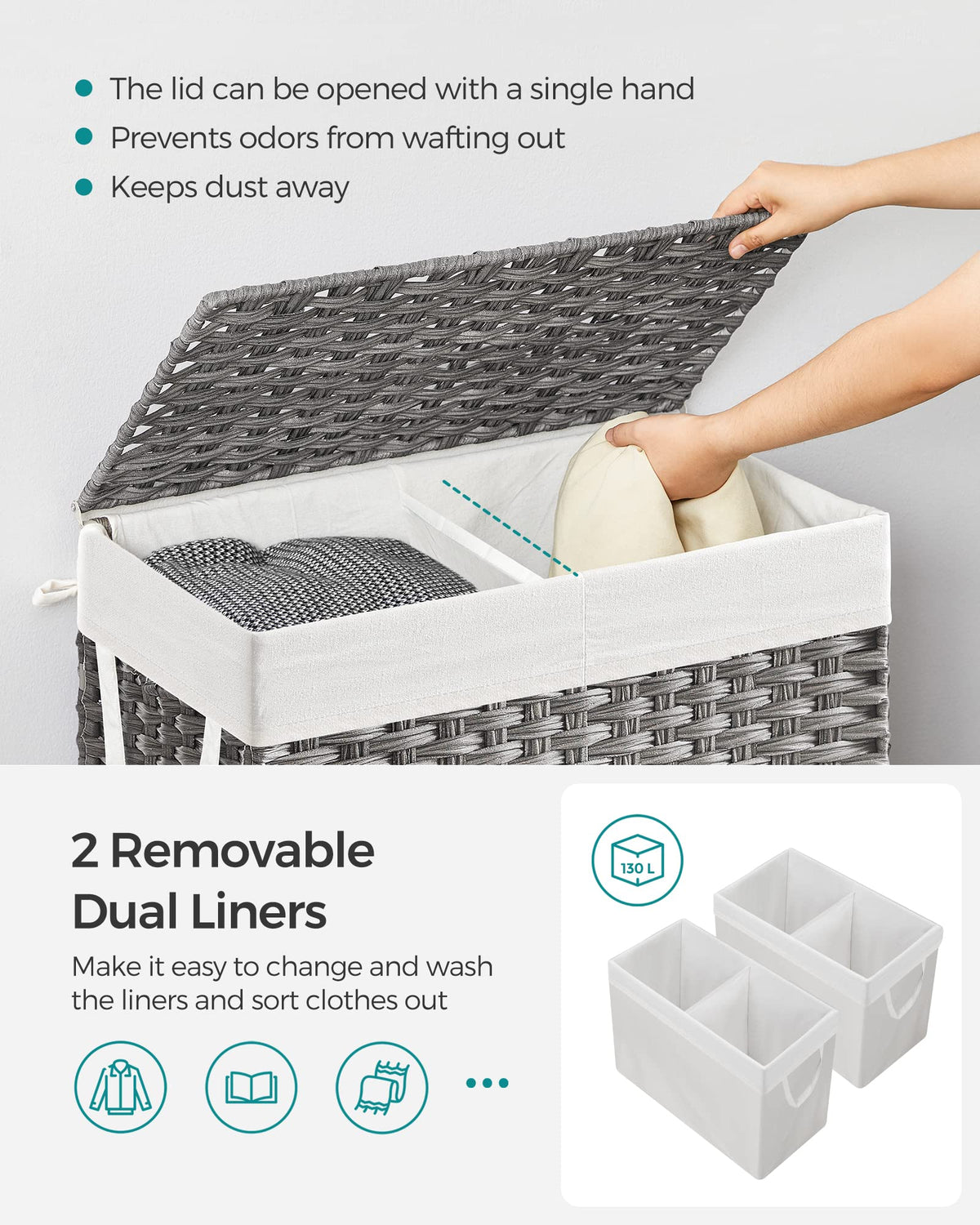 SONGMICS 130L hamper removable liners gray highlights washable inner bags for hygiene.