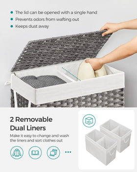 SONGMICS 130L hamper removable liners gray highlights washable inner bags for hygiene.