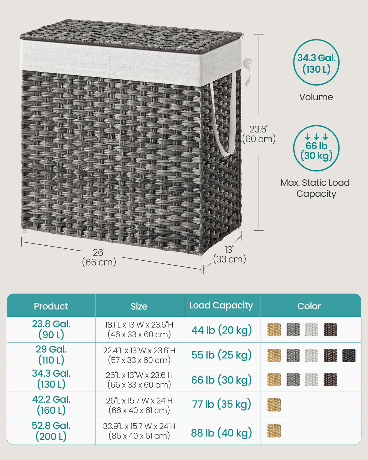 SONGMICS 130L hamper steel frame gray emphasizes sturdy construction for daily use.