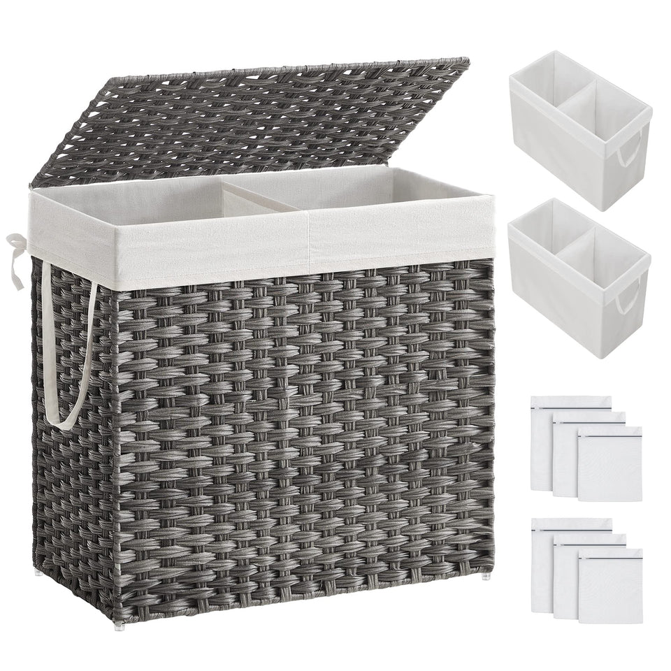 SONGMICS 130L hamper with lid overview shows organized laundry and odor containment.