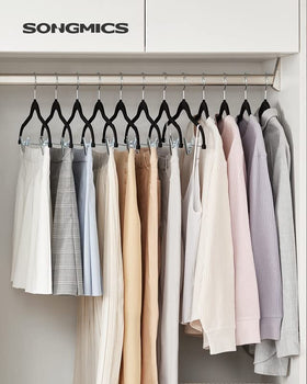 SONGMICS 16-7 inch length pants hangers help keep outfits organized with uniform spacing.