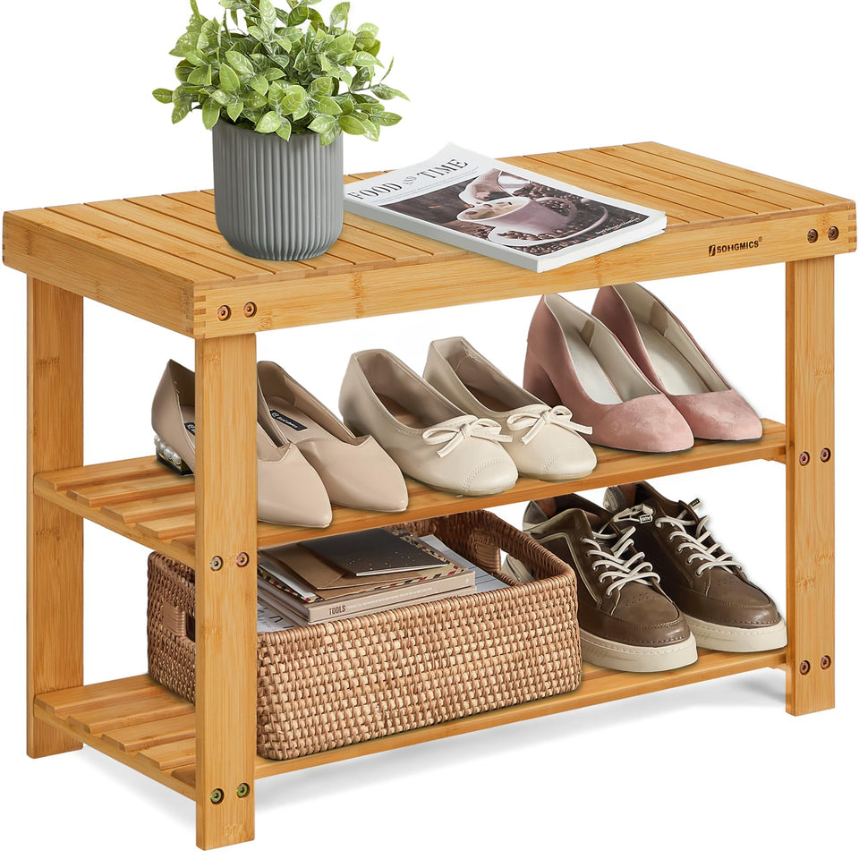 SONGMICS 3-tier bamboo shoe rack bench with top surface for bags and daily essentials.