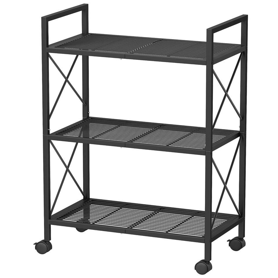 SONGMICS 3-tier rack with wheels, front view, ideal for mobile entryway storage.