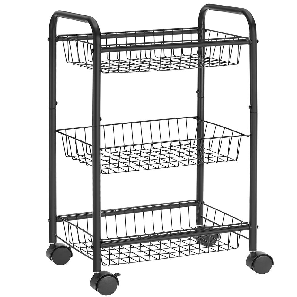 Songmics 3-tier metal rolling cart with baskets for organized storage and easy access.