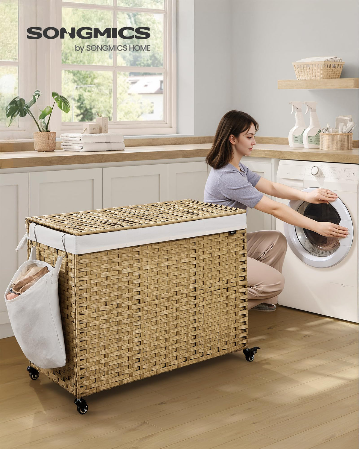SONGMICS four-section rattan basket helps pre-sort clothes efficiently