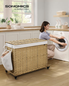 SONGMICS four-section rattan basket helps pre-sort clothes efficiently