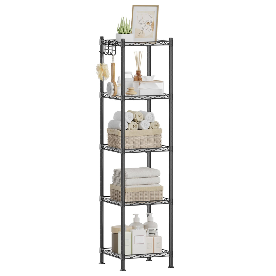 SONGMICS 5-tier bathroom shelf with ink-black frame fits compact spaces.