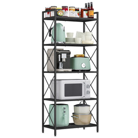 Songmics 5-tier metal storage rack with dense mesh provides sturdy kitchen organization.