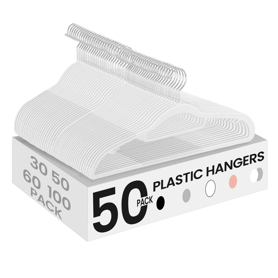 SONGMICS 50-pack coat hangers with slender profile save closet space and keep outfits organized.