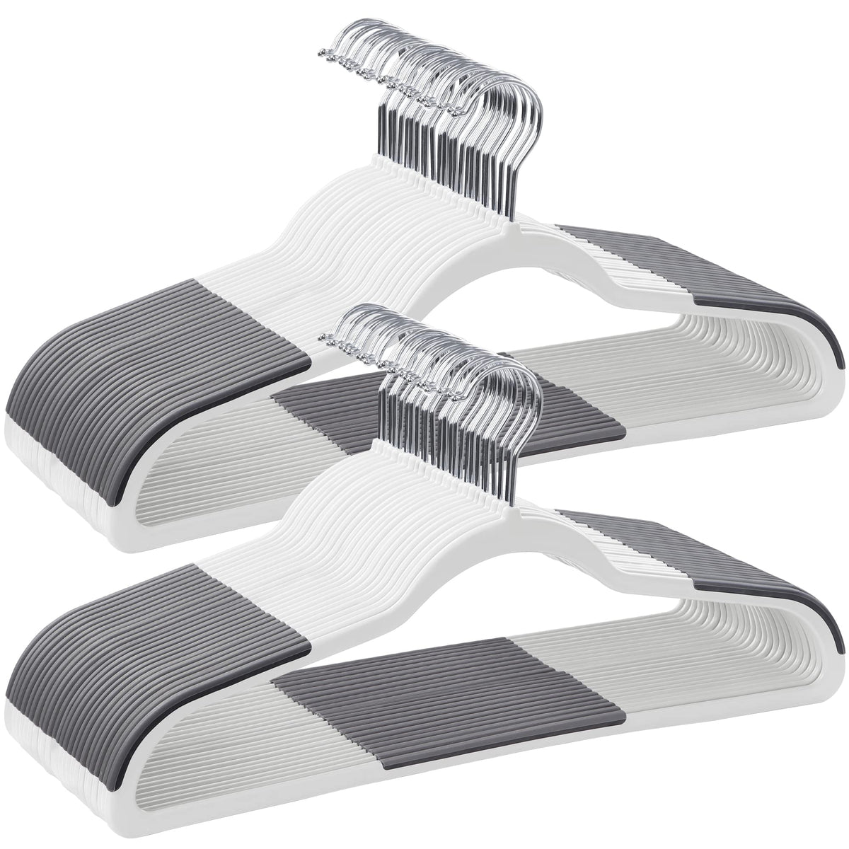 SONGMICS 50-pack plastic hangers in cloud white and dark gray save space.