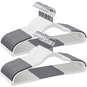 SONGMICS 50-pack plastic hangers in cloud white and dark gray save space.