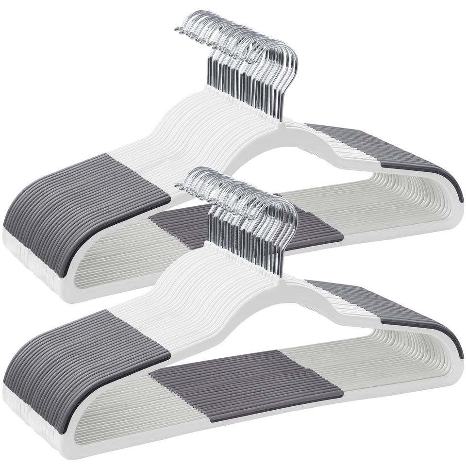 SONGMICS 50-pack plastic hangers in cloud white and dark gray save space.