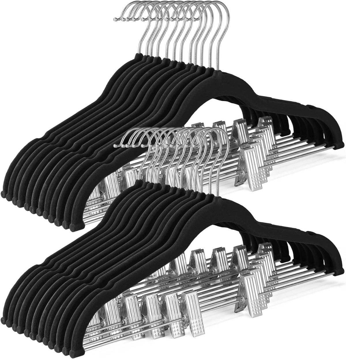 Songmics 50-pack velvet pants hangers with adjustable clips, keeping trousers secure and organized.