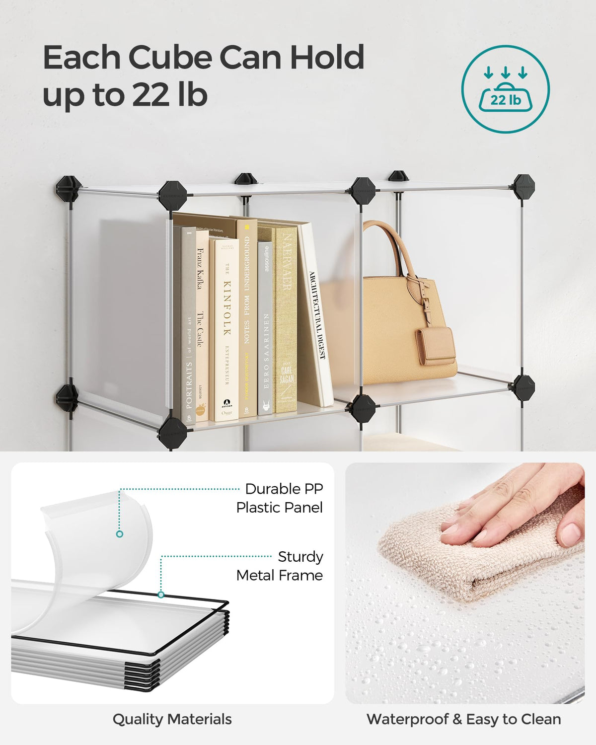 Songmics 6-cube storage arranged in a 2x3 shelving for organized reach.
